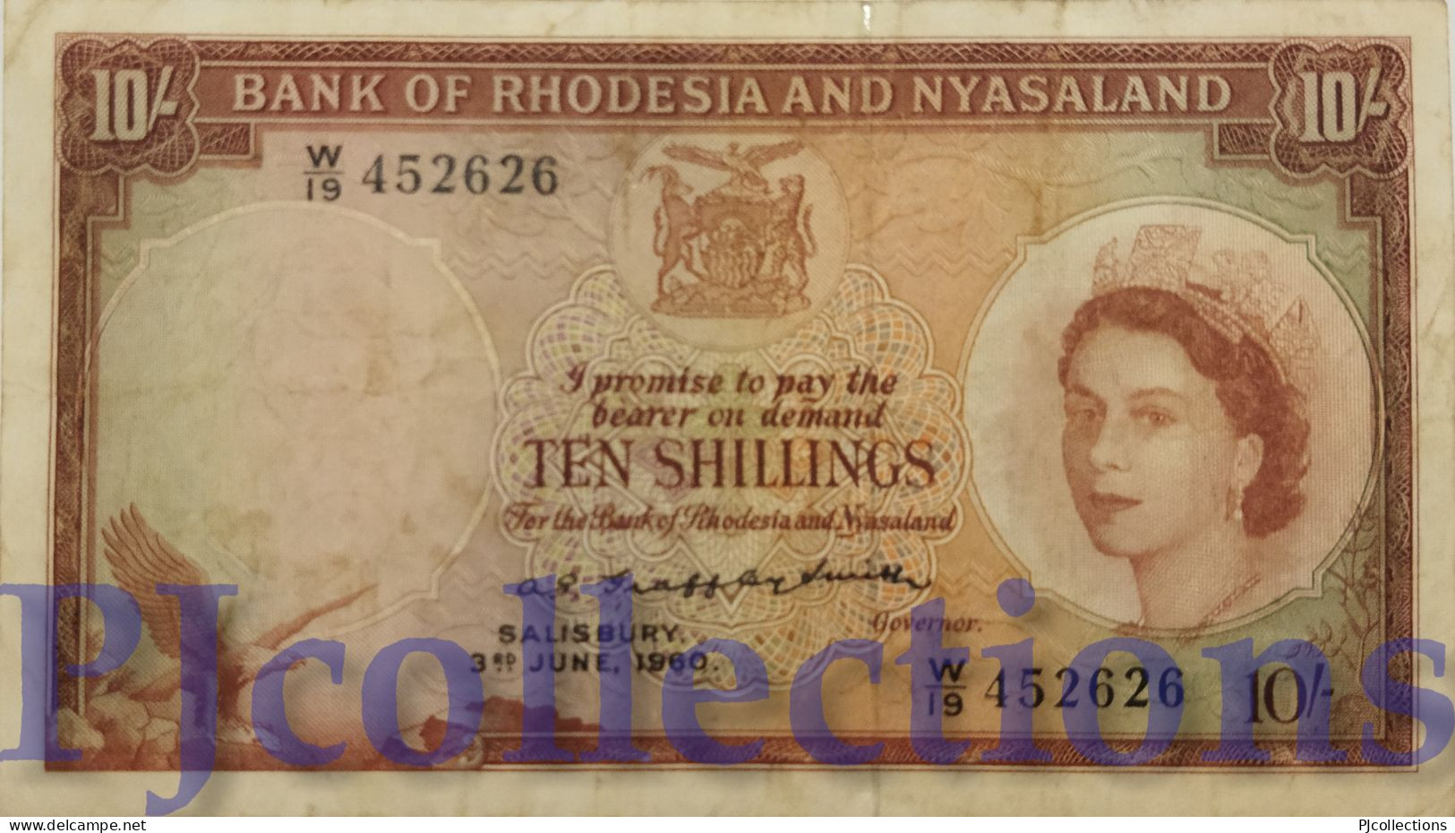 RHODESIA & NYASALAND 10 SHILLINGS 1960 PICK 20a VF RARE - Rhodesia