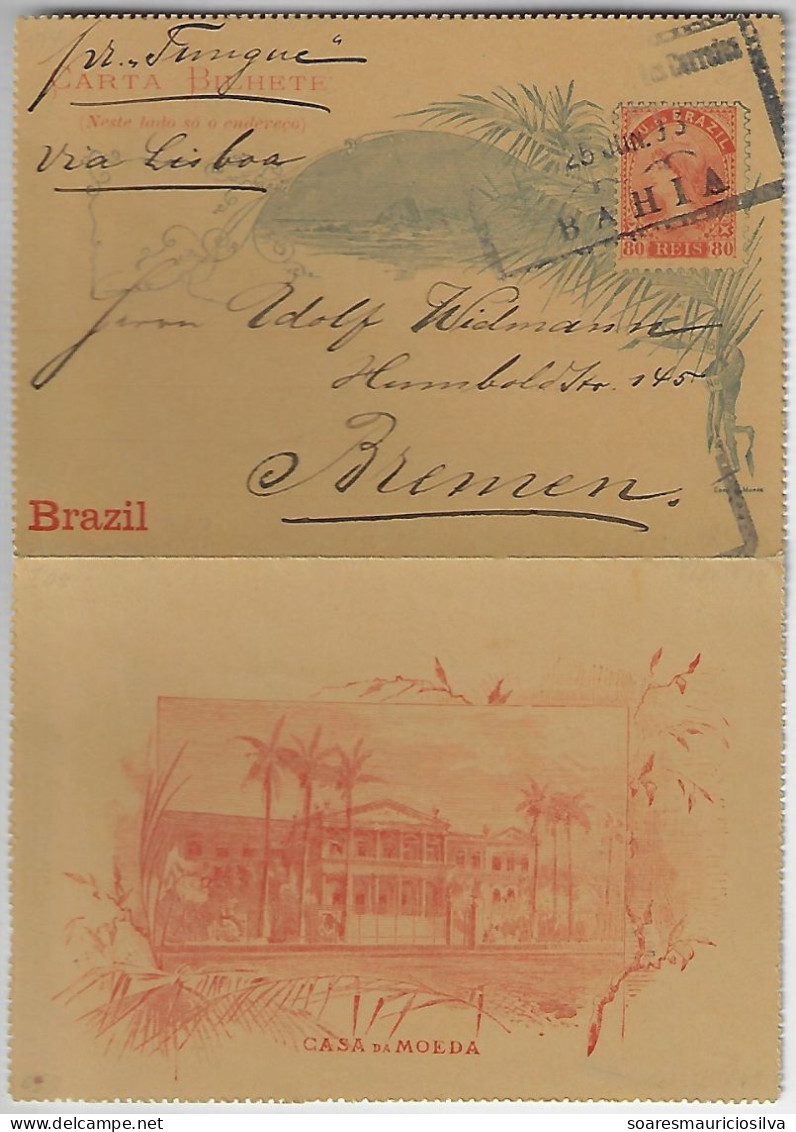 Brazil 1893 Postal Stationery Letter Sheet Stamp 80 Réis Salvador - Bremem Germany By Tungue Of The Mala Real Portuguesa - Interi Postali