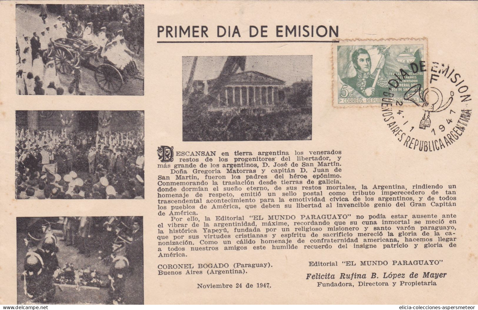 Argentina - 1947 - FDC - Transfer Of The Remains Of Jose De San Martin - Conmemorative Envelope -  Caja 30 - FDC