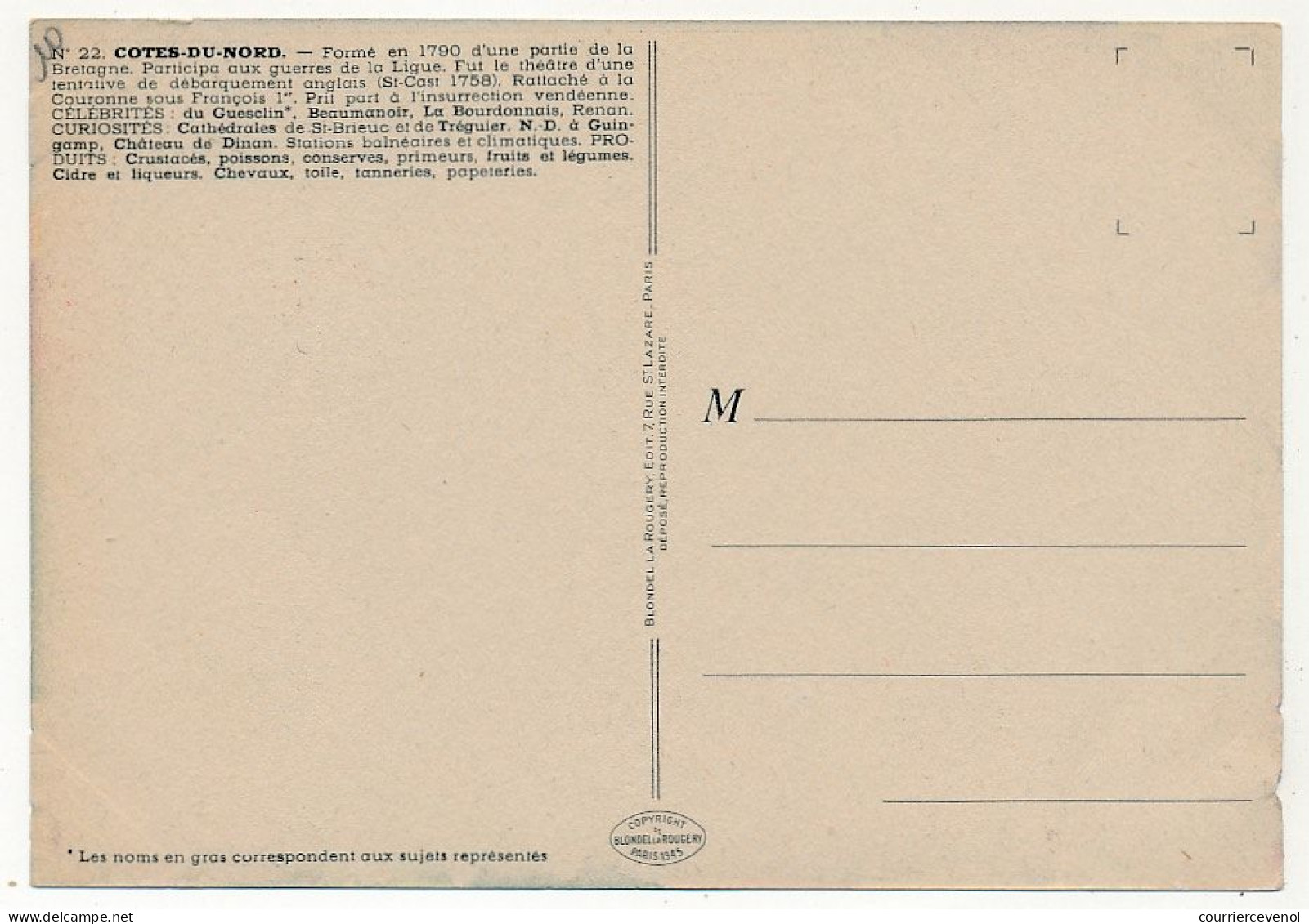 CPSM - CÔTES-DU-NORD - Carte Du Département Des Côtes-du-Nord - Blondel La Rougery édit. - 1945 - Autres & Non Classés