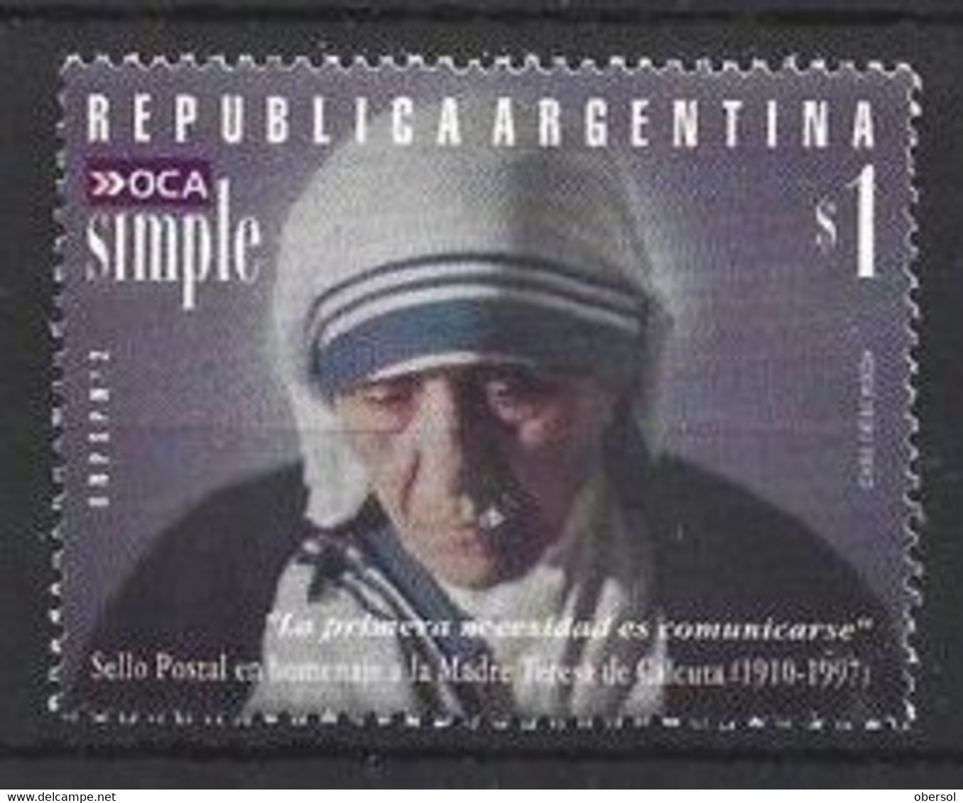 Argentina 1997 OCA Maria Teresa Calcuta MNH Stamp - Unused Stamps