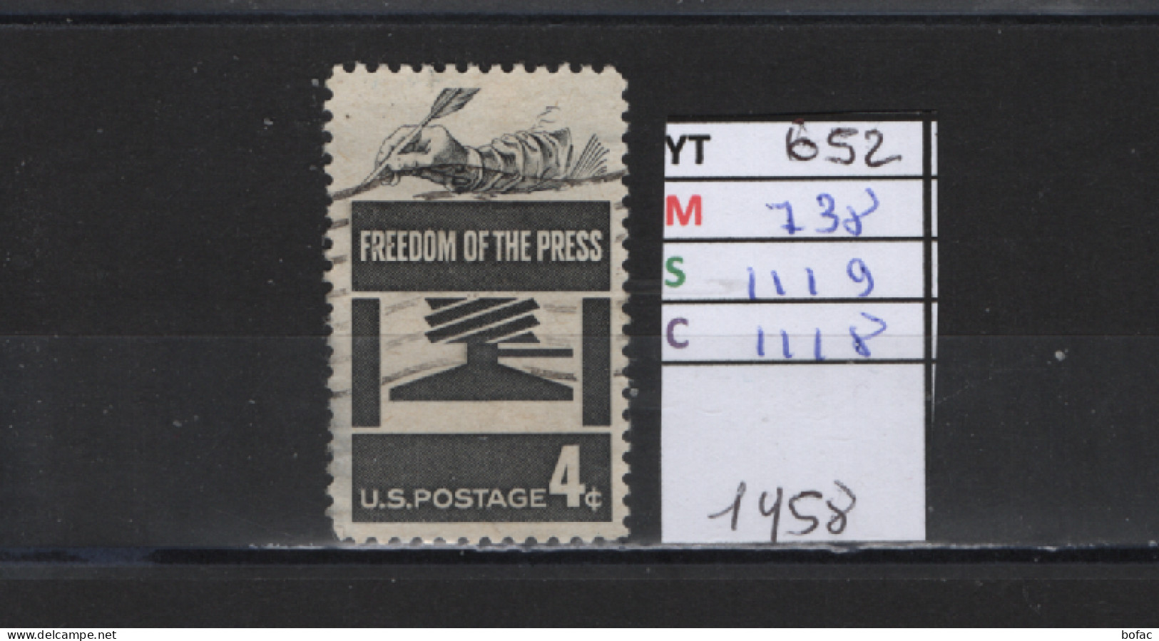 PRIX FIXE Obl 652 YT 738 MIC 1119 SCO GIB 1118 Freedom Presse D'imprimerie Of The Press 1958  58A/07 - Gebraucht