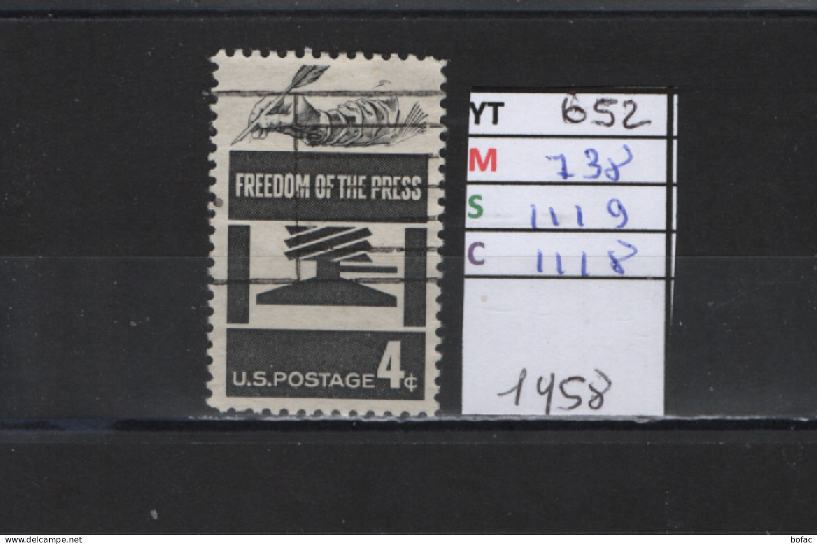 PRIX FIXE Obl 652 YT 738 MIC 1119 SCO GIB 1118 Freedom Presse D'imprimerie Of The Press 1958  58A/07 - Used Stamps