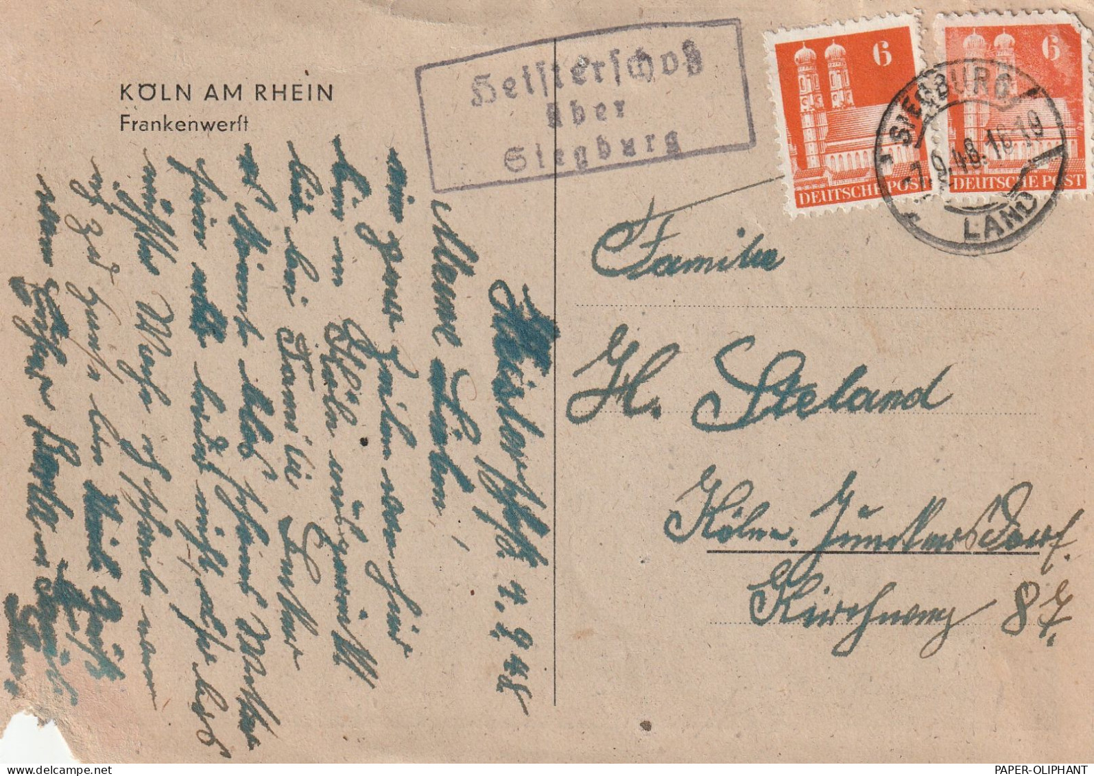 5202 HENNEF - HEISTERSCHOSS, Postgeschichte, Landpoststempel "Heisterschoß über Siegburg", 1946 - Hennef