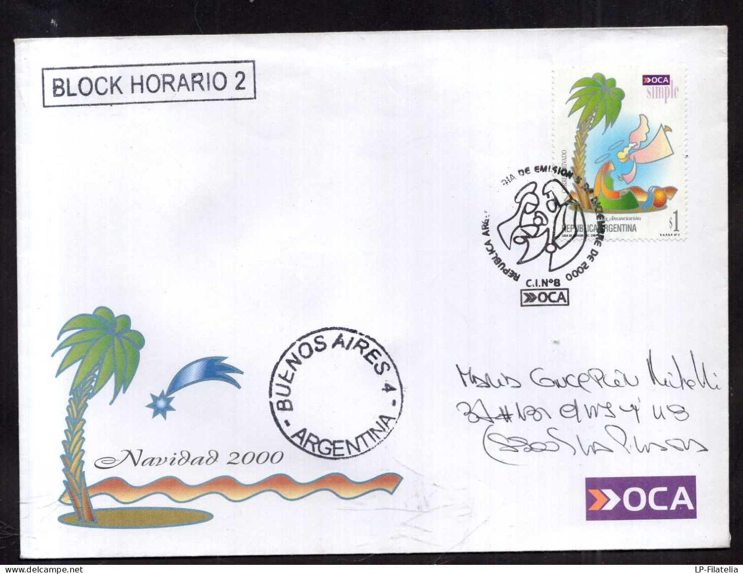 Argentina - 2000 - Private Post "OCA" - Circulated FDC - Christmas - Cartas & Documentos