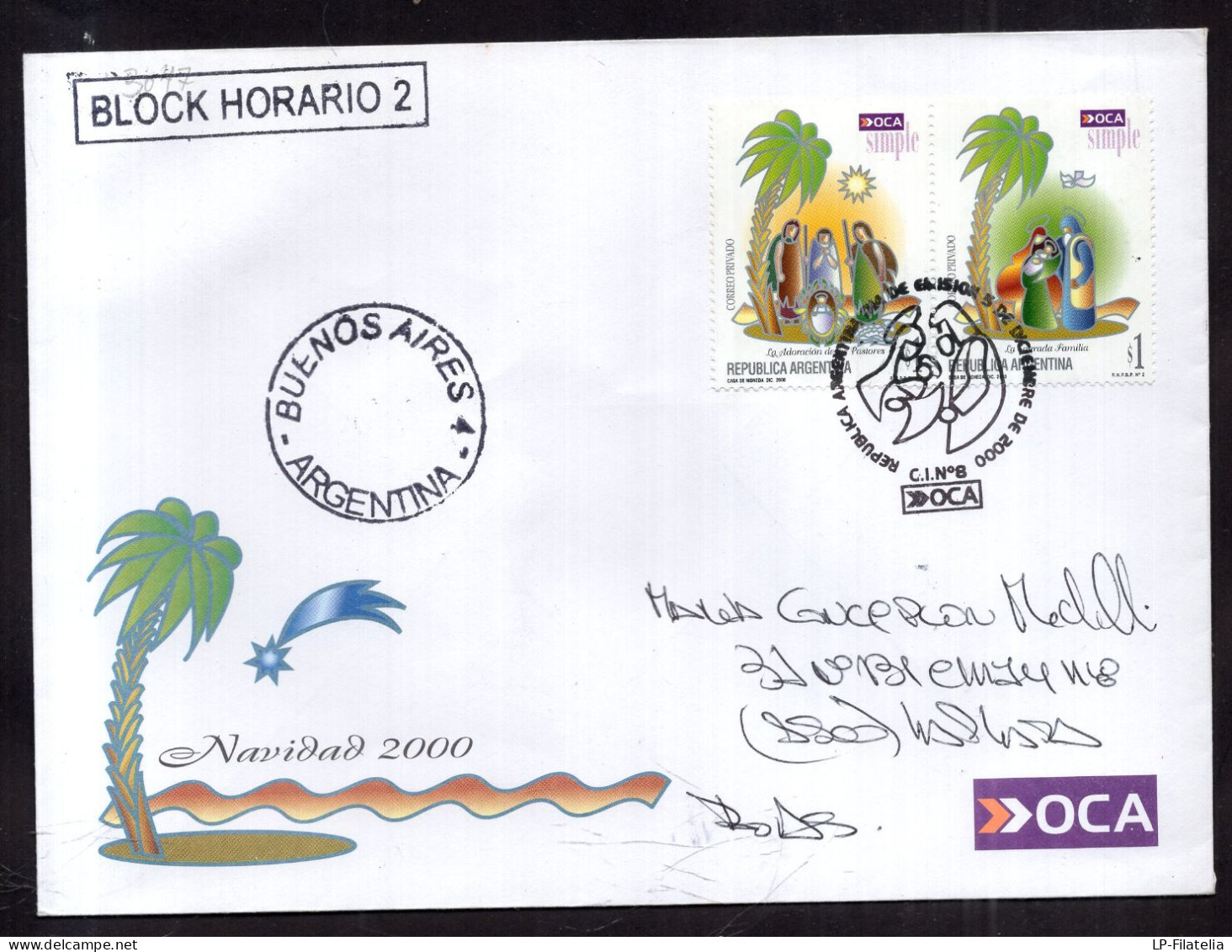 Argentina - 2000 - Private Post "OCA" - Circulated FDC - Christmas - Cartas & Documentos