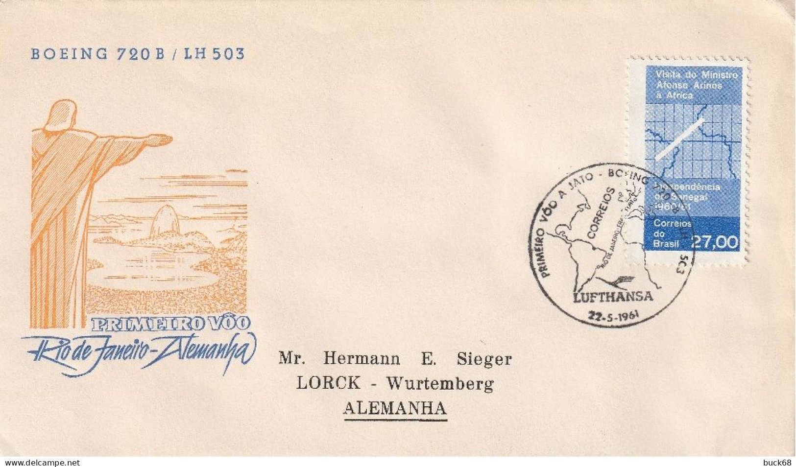 CHILI CHILE Poste 703 Lettre 1er Vol Boeing 720B Rio De Janeiro Alemanha Deutschland Lufthansa LH503 22 Mai 1961 - Lettres & Documents