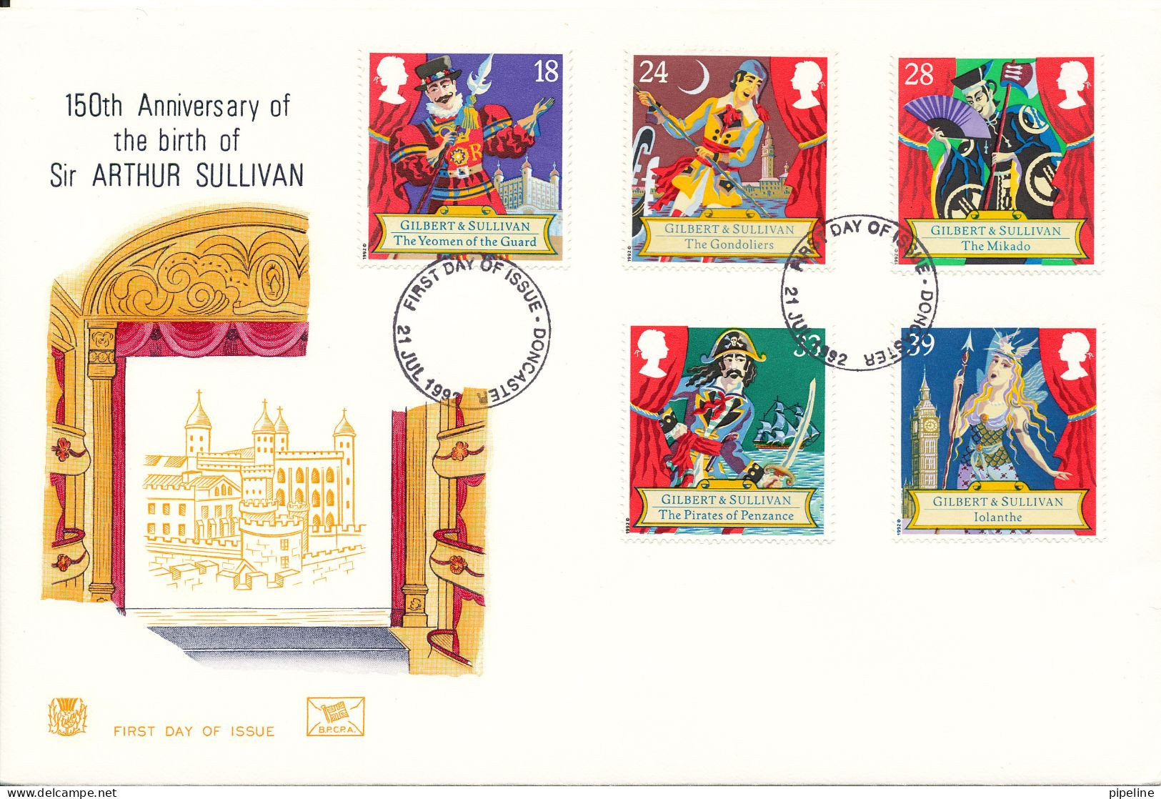 Great Britain FDC 21-7-1992 150th Anniversary Of The Birth Of Sir Arthur Sullivan Complete Set Of 5 With Cachet - 1991-2000 Dezimalausgaben