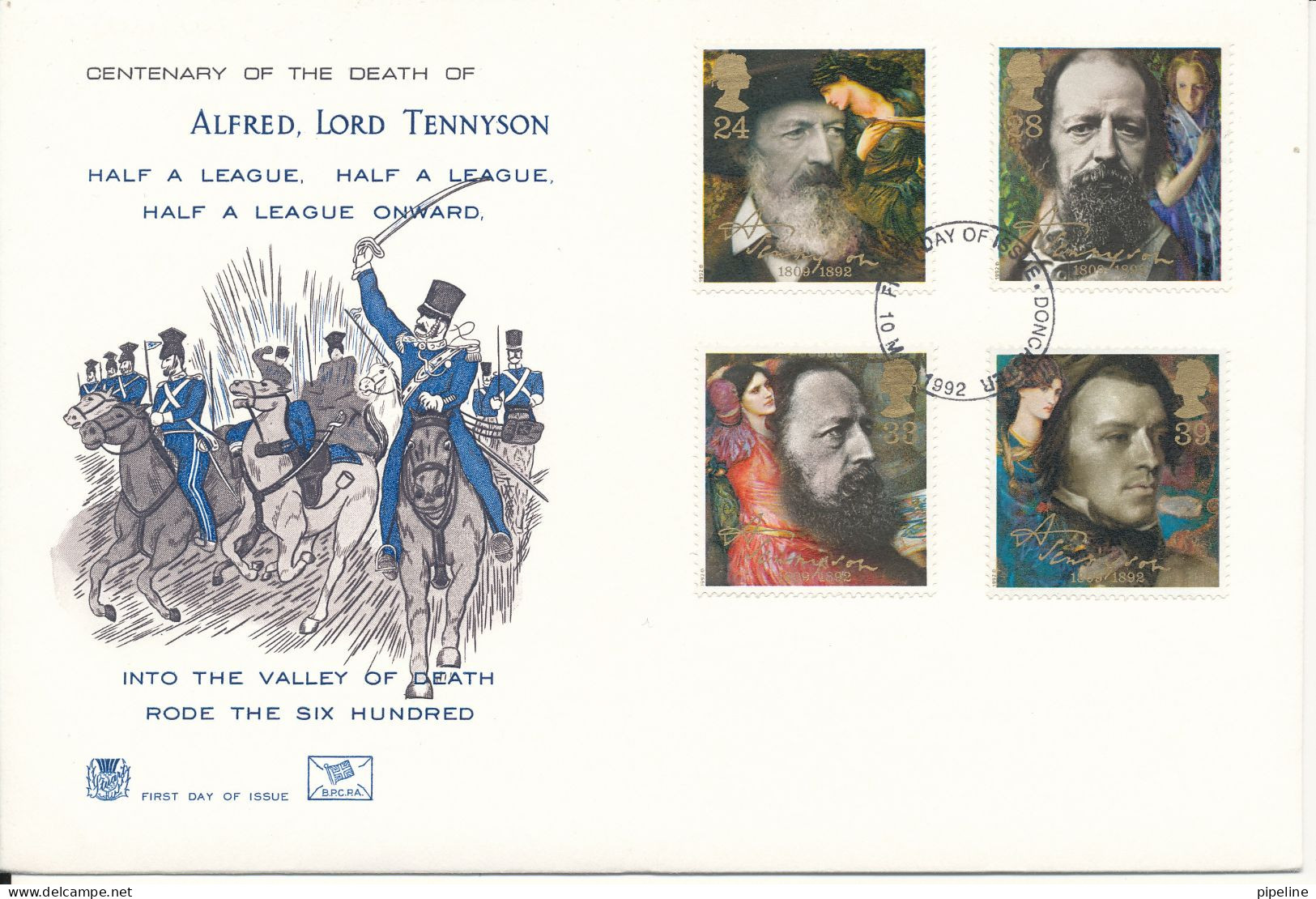 Great Britain FDC 10-3-1992 Centenary Of The Death Of Alfred Lord Tennyson Complete Set Of 4 With Cachet - 1991-2000 Decimal Issues