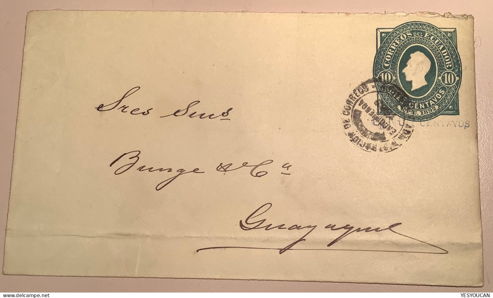 Ecuador 1893 Rare „CINCO CENTAVOS“ Surcharge On 1892 10c Postal Stationery Envelope Used H&G 9 (entier Cover Lettre - Equateur