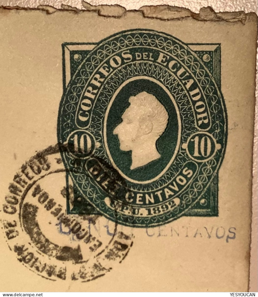 Ecuador 1893 Rare „CINCO CENTAVOS“ Surcharge On 1892 10c Postal Stationery Envelope Used H&G 9 (entier Cover Lettre - Equateur