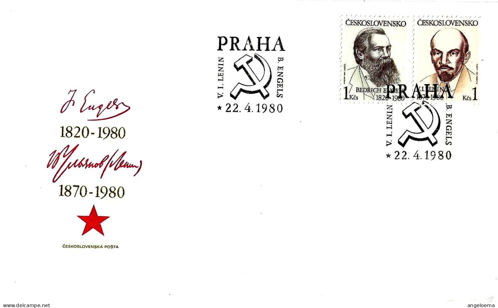 CECOSLOVACCHIA - 1980 PRAHA 150° Morte Di B. ENGHELS E 110° Morte Di LENIN (falce E Martello) Su Busta Fdc - 493 - Lenin