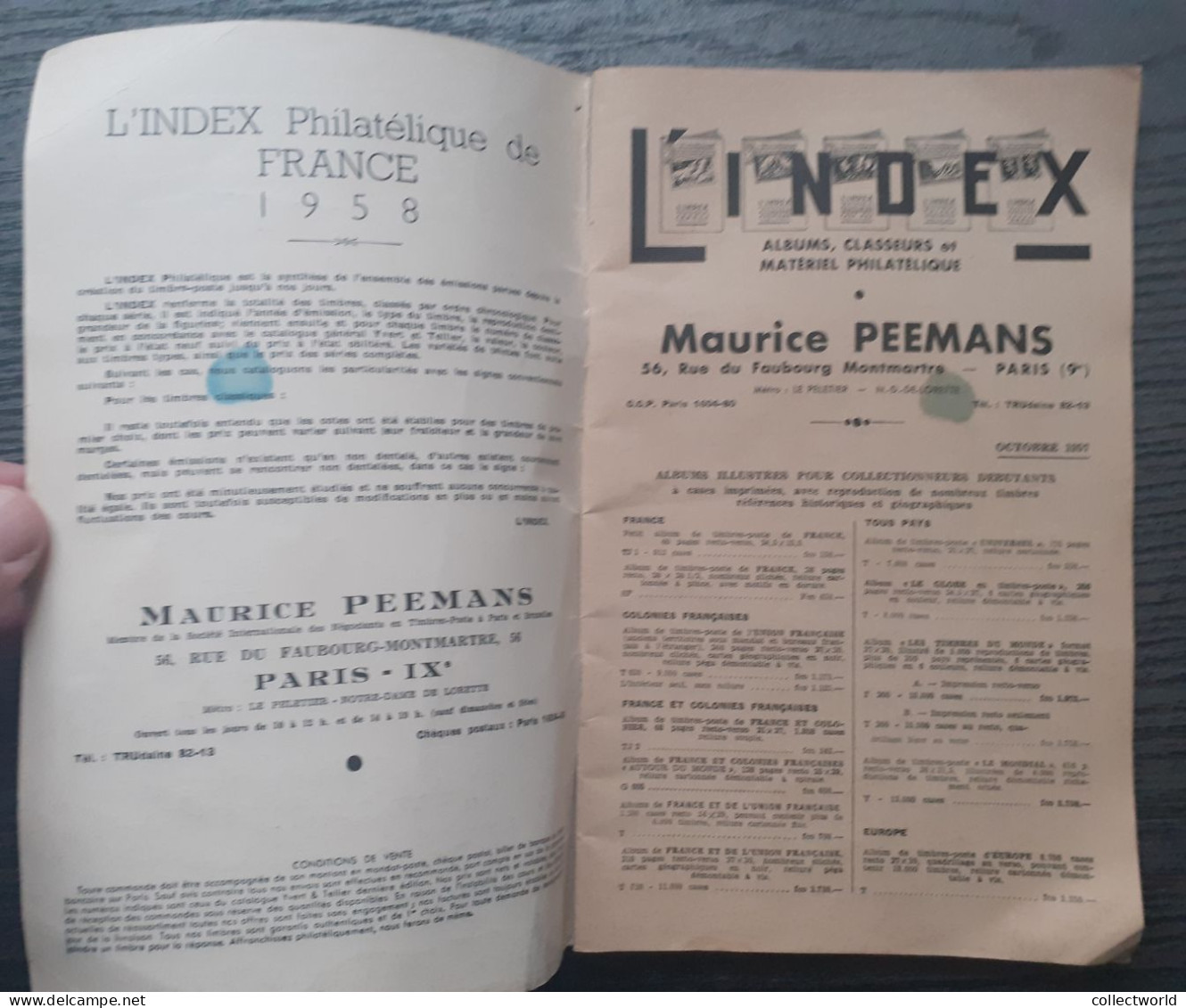 CATALOGUE INDEX PHILATELIQUE FRANCE 1849 1958 MAURICE PEEMANS - Francia