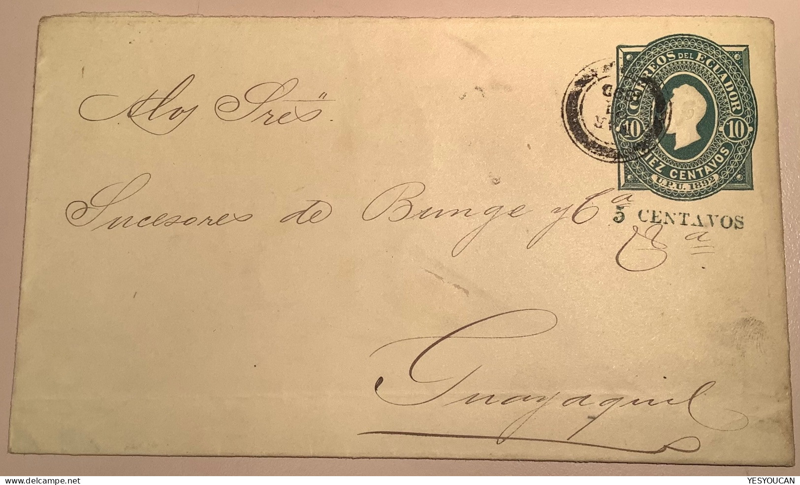 Ecuador 1893  „5 CENTAVOS“ Surch. In Green Under 1892 10c Postal Stationery Envelope Used H&G 8a (entier Cover Lettre - Equateur