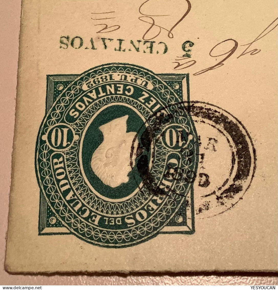 Ecuador 1893  „5 CENTAVOS“ Surch. In Green Under 1892 10c Postal Stationery Envelope Used H&G 8a (entier Cover Lettre - Ecuador