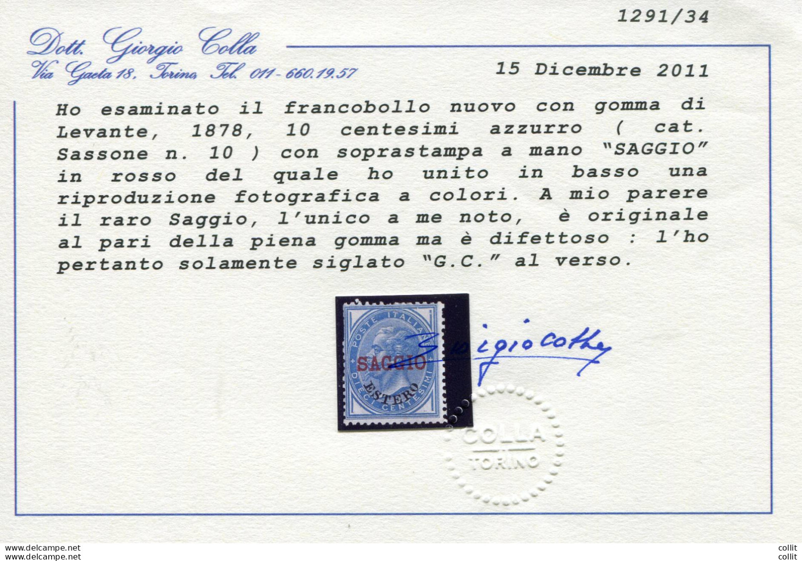 Levante Italiano-Vitt.Emanuele II Cent.10 Azzurro Soprastampa A Mano Saggio - Emissions Locales/autonomes