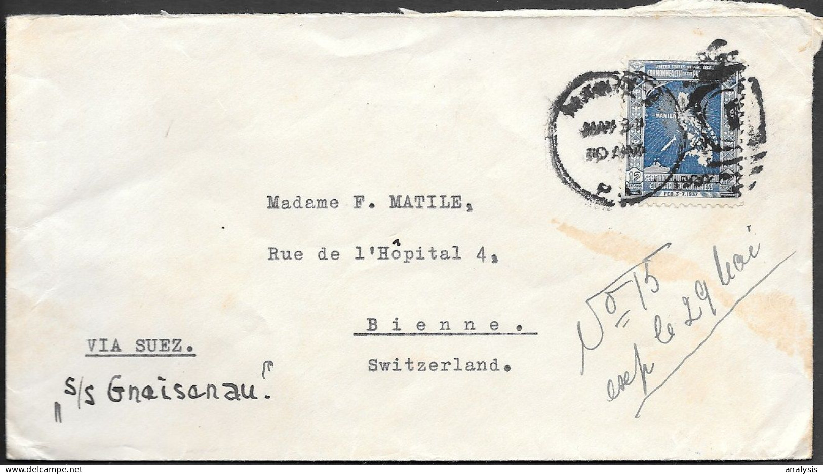 Philippines Manila Cover Mailed To Switzerland 1937. 12c Rate - Filipinas