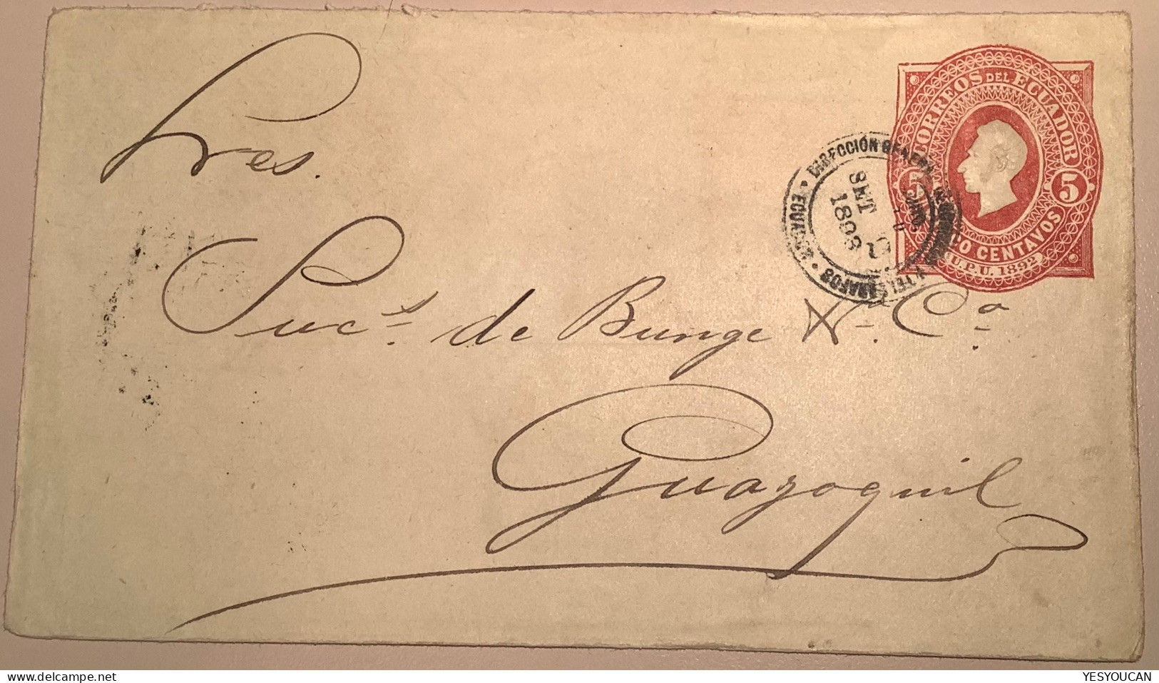 Ecuador 1892 5c Carmine Postal Stationery Envelope Used H&G 5 (entier Cover Lettre - Ecuador