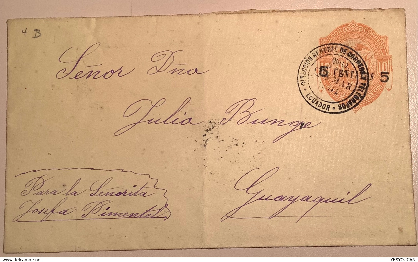 Ecuador 1891 „5 CENTAVOS“ Surcharge On 10c Condor Postal Stationery Envelope Used  (entier Cover Lettre - Ecuador