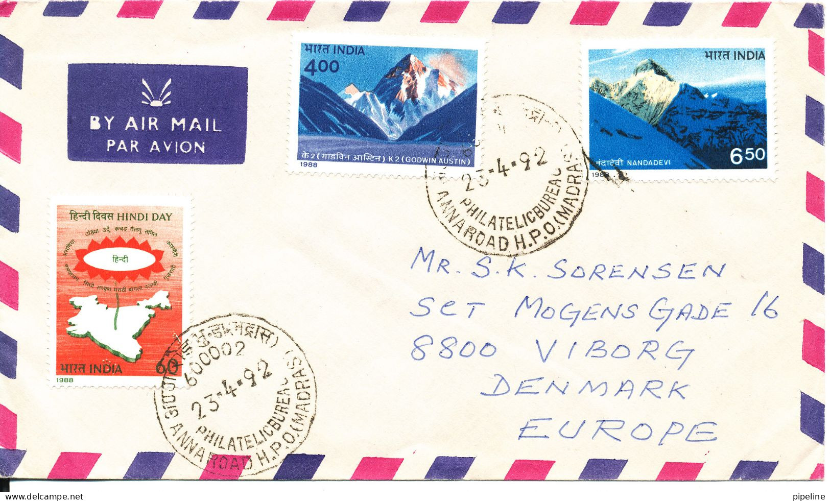 India Air Mail Cover Sent To Denmark 23-4-1992 Topic Stamps - Luftpost