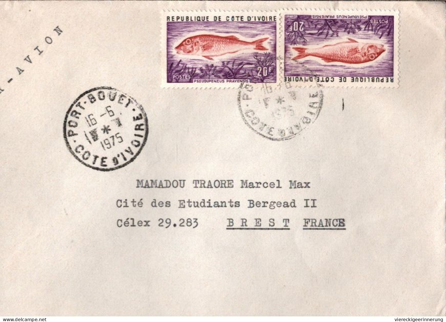 ! 1975 Airmail Cover From Port Bouet, Cote D' Ivore, Elfenbeinküste, Brest, Fish Stamps, Fische - Côte D'Ivoire (1960-...)
