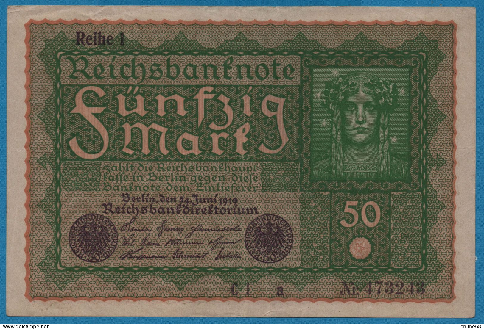 DEUTSCHES REICH 50 MARK 24.06.1919 REIHE 1 Alpha CL A #473243 P# 66 - 50 Mark