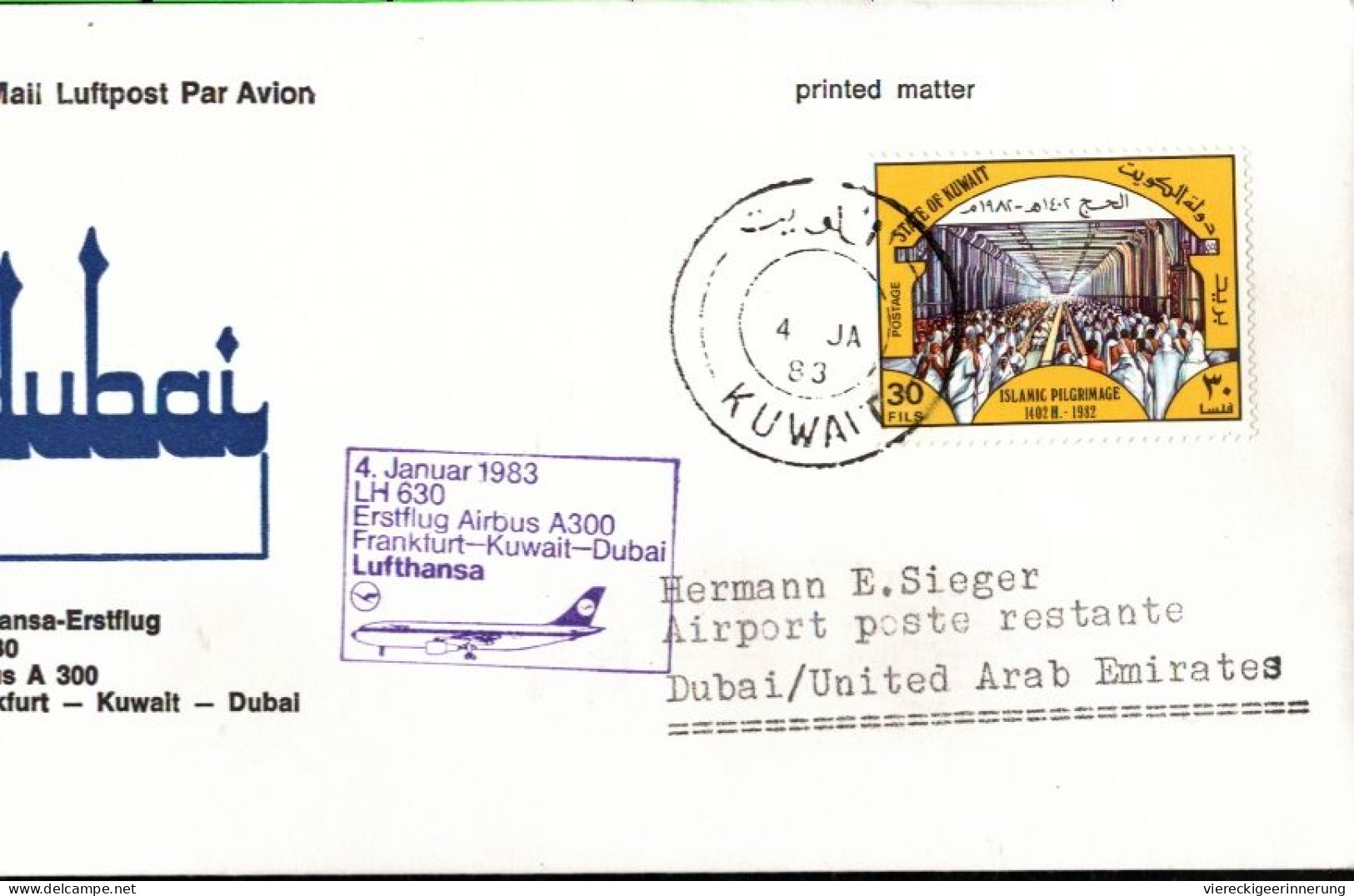 ! 1983 Airmail Cover From Kuwait, Lufthansa First Flight Dubai - Kuwait - Frankfurt, Erstflug, Airbus A 300 - Kuwait