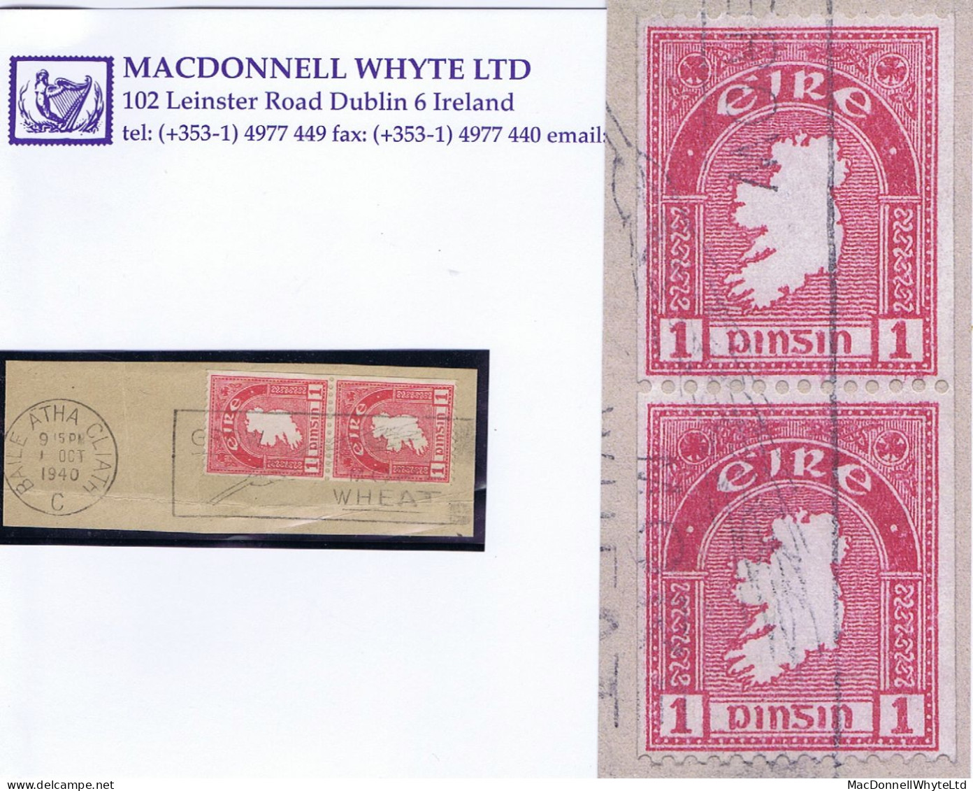 Ireland 1940 E Vertical Coils Perf. 14 X Imperf., 1d Map Pair Fresh Used On Piece, Dublin Machine 1 OCT 1940 - Usati