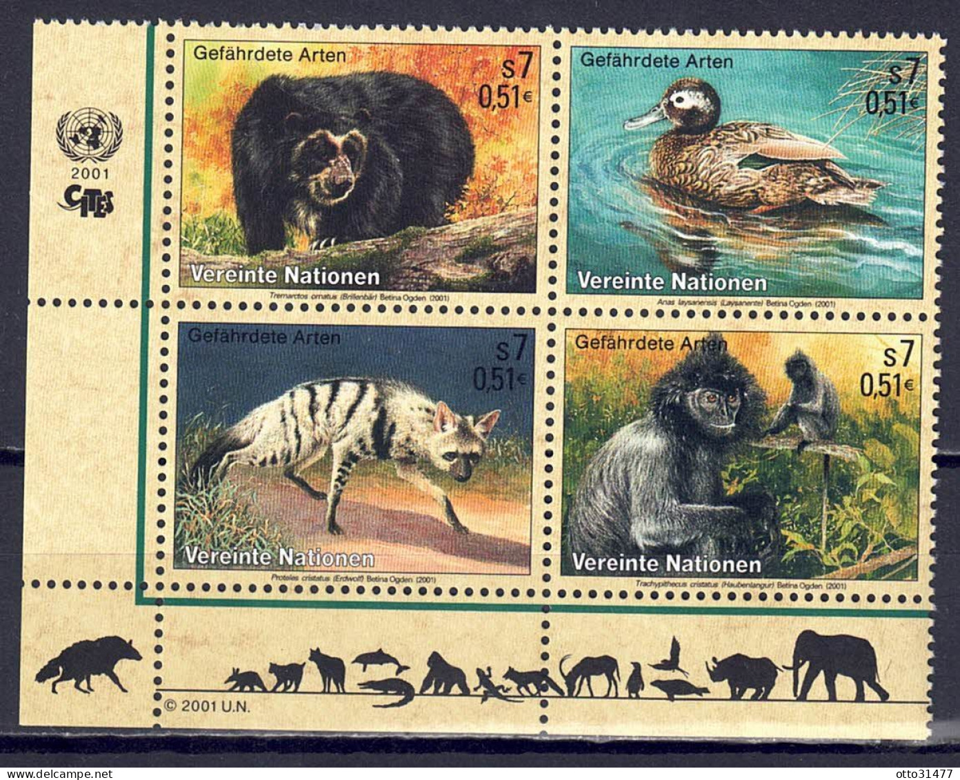 UNO Wien 2001 - Gefährdete Arten (IX) - Fauna, Nr. 327 - 330 Zd., Postfrisch ** / MNH - Unused Stamps