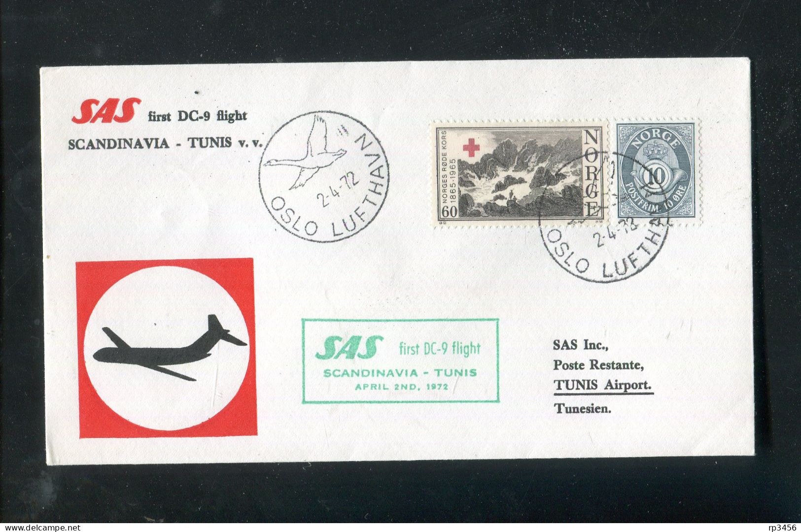 "NORWEGEN" 1972, SAS-Erstflugbrief Mit DC-9 "Oslo-Tunis" (80073) - Briefe U. Dokumente