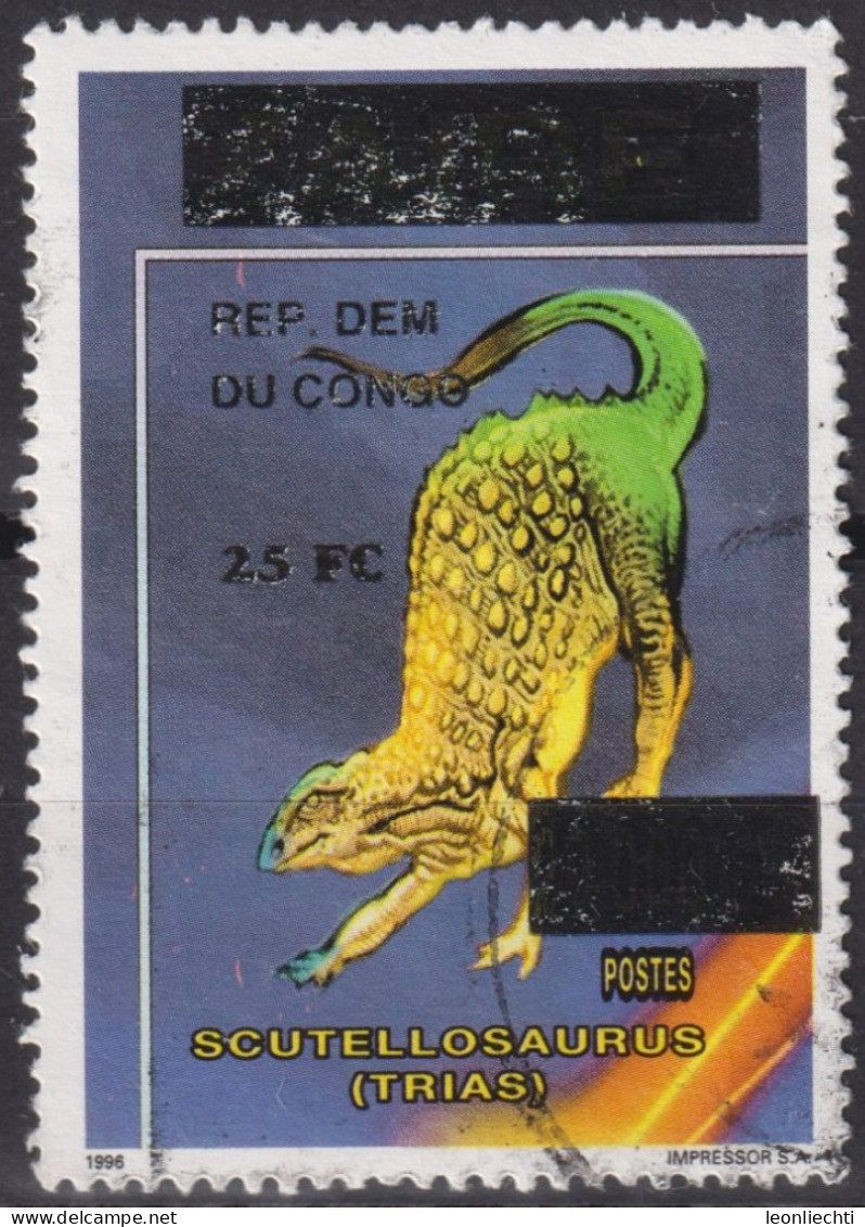 2000 Kongo - Kinshasa ° Mi:CD 1526, Sn:CD 1547, Yt:CD 1522MB, Scutellosaurus (Trias) - Surcharged, Stamps Zaire 1996 - Usados