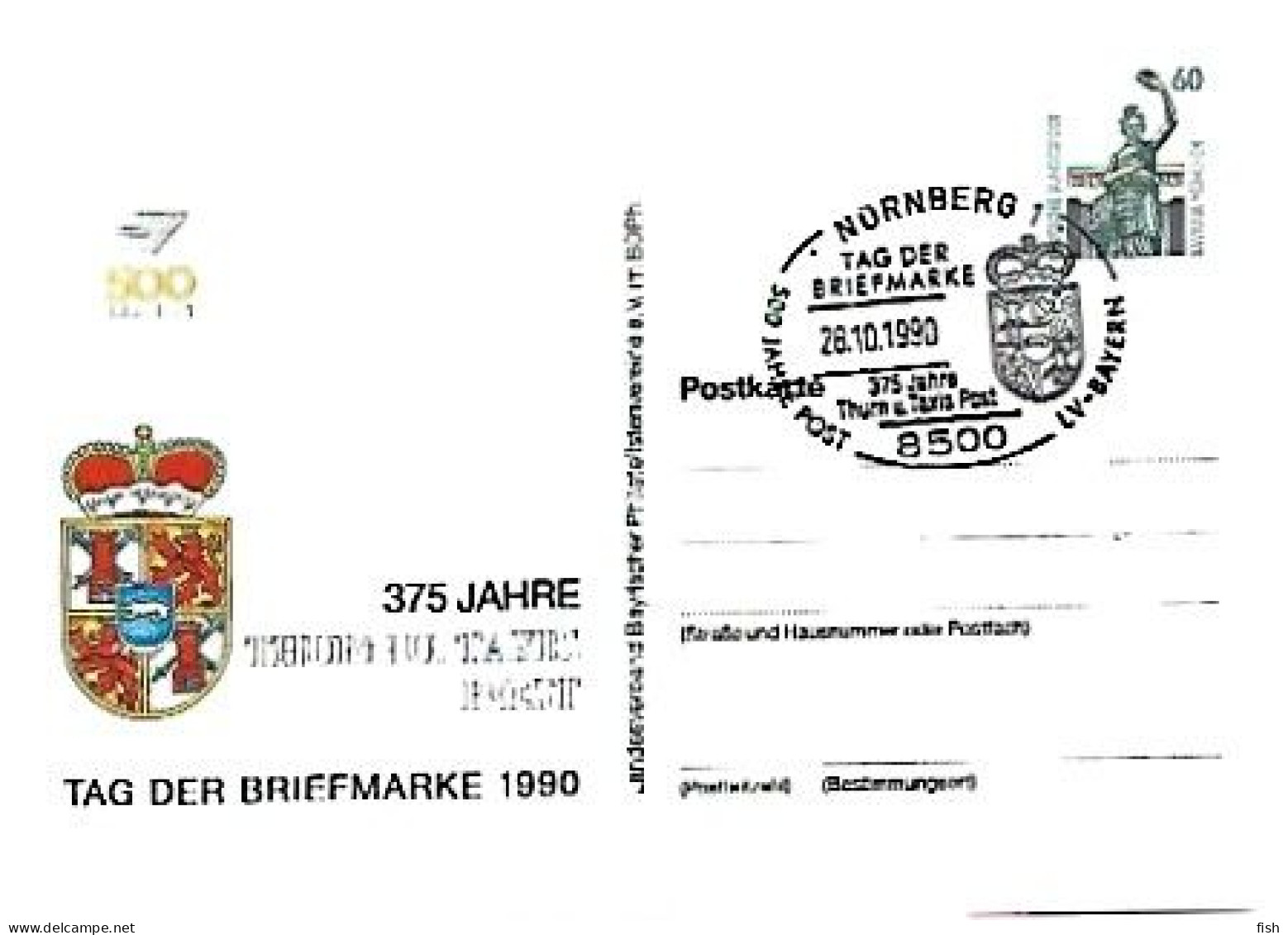 Germany  & 375 Jahre Thurn U. Taxis Post,  Tag Der Briefmarke, Nurnberg 1990 (6868) - Postkarten - Gebraucht