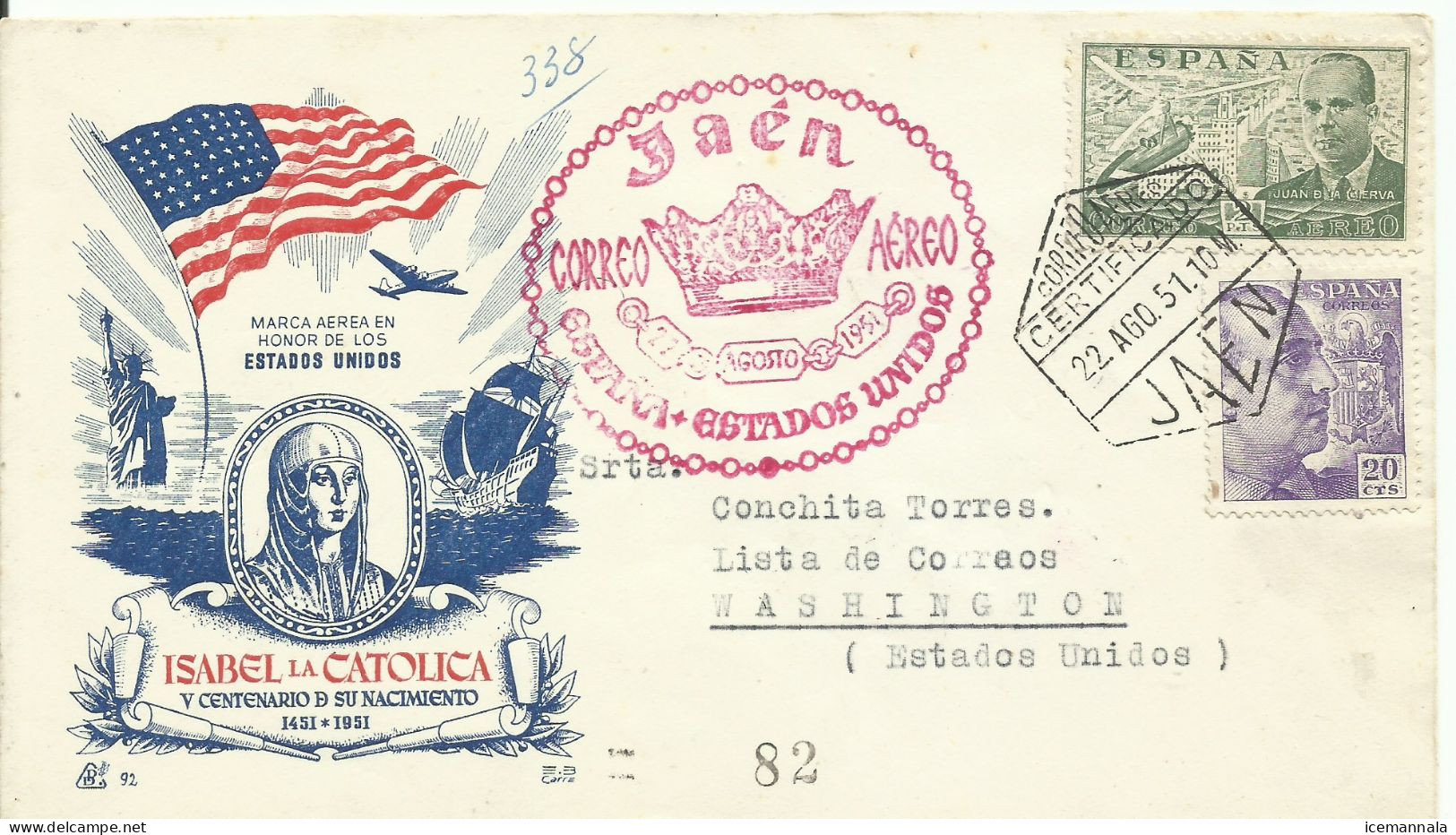 ESPAÑA, SOBRE  CONMEMORATIVO  AÑO 1951 - Covers & Documents