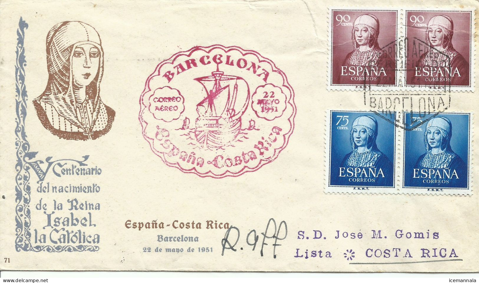 ESPAÑA, SOBRE  CONMEMORATIVO  AÑO 1951 - Storia Postale