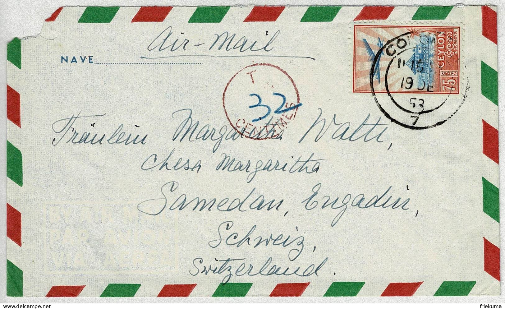 Sri Lanka / Ceylon 1953, Luftpostbrief / Airmail Colombo - Samedan (Schweiz), Nachporto - Sri Lanka (Ceylon) (1948-...)