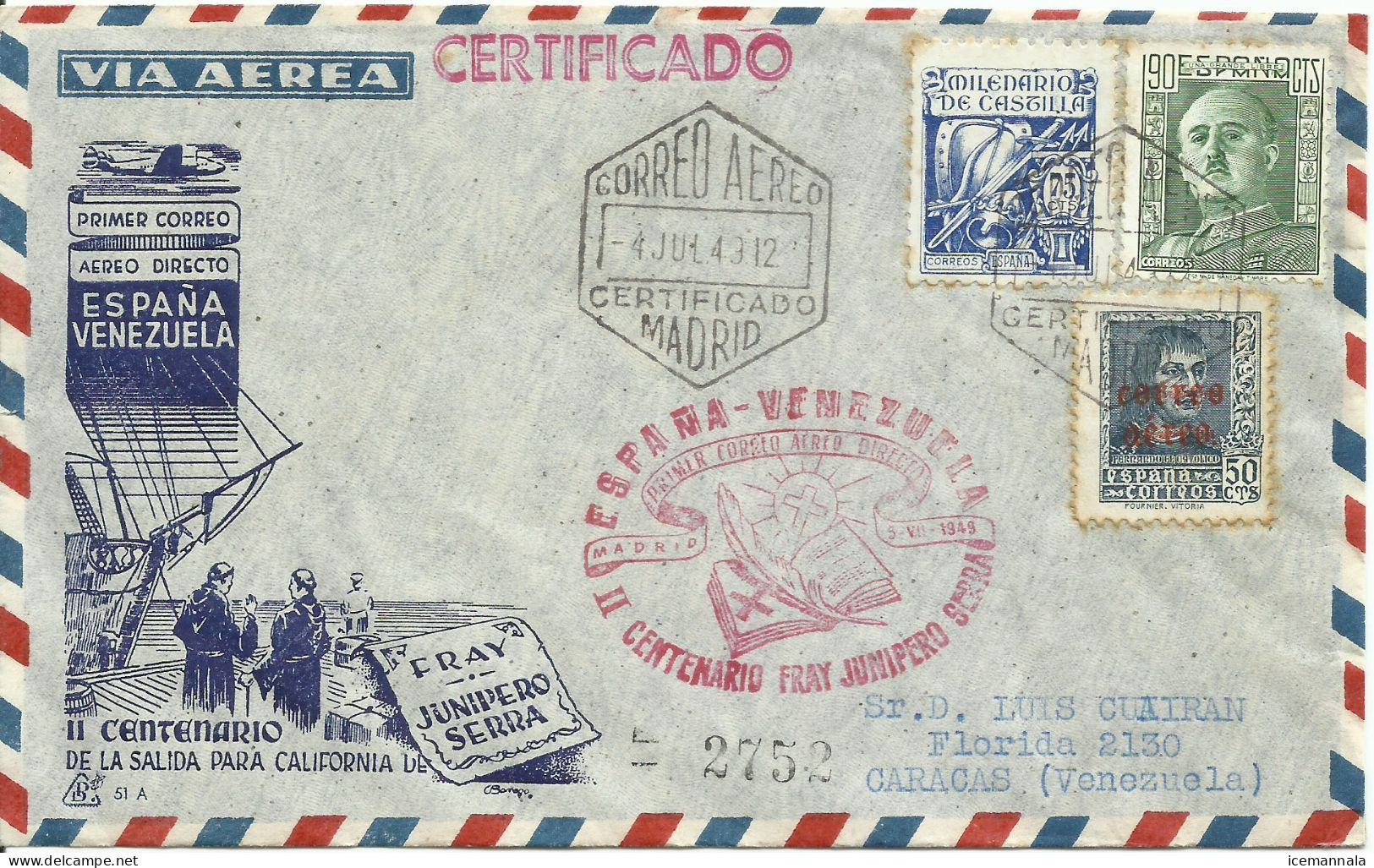 ESPAÑA, SOBRE  CONMEMORATIVO  AÑO 1949 - Lettres & Documents