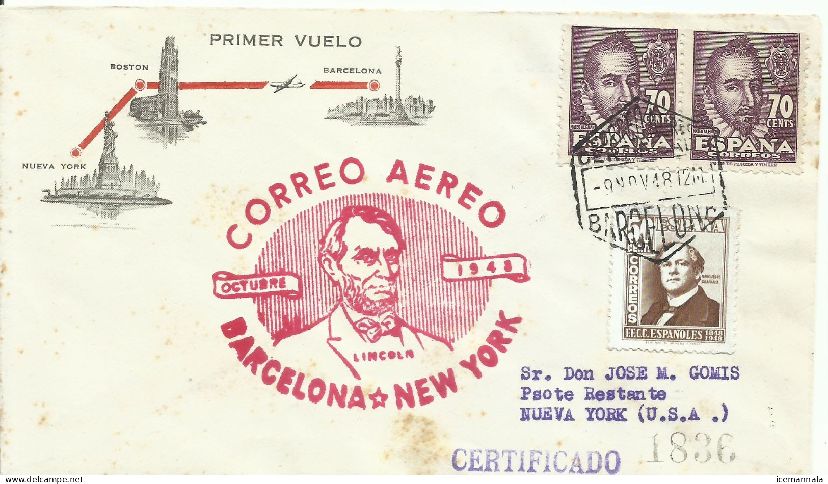 ESPAÑA, SOBRE  CONMEMORATIVO  AÑO 1948 - Storia Postale