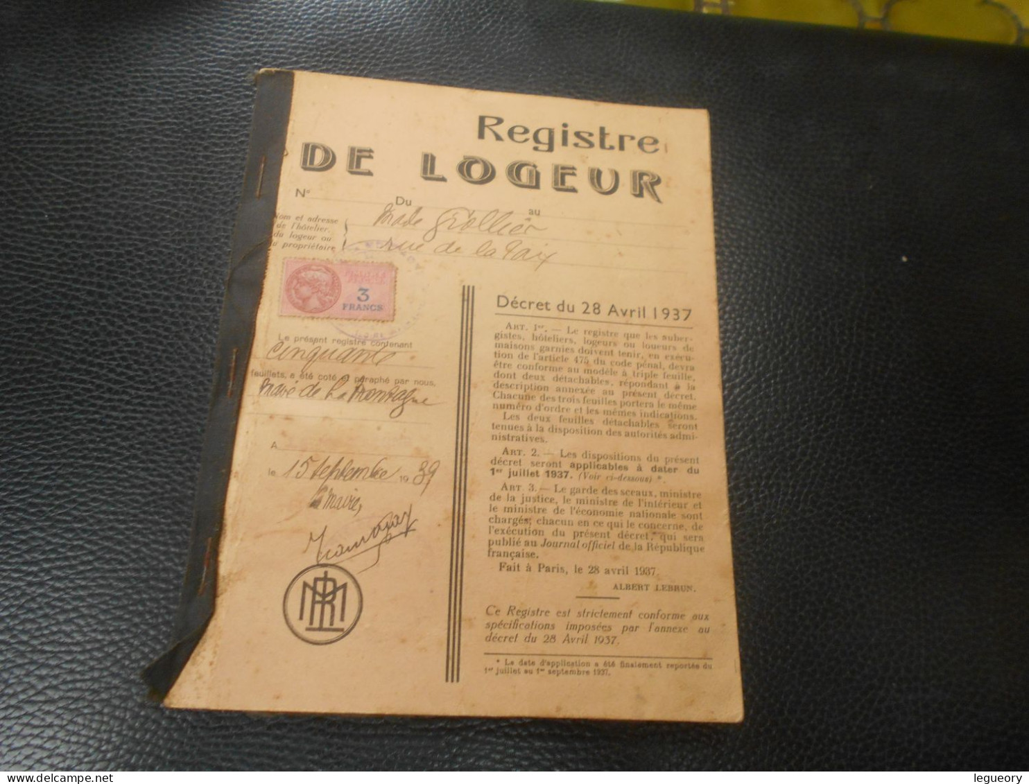 Registre Du Logeur  Commune La Montagne  Mr Grollier  Rue De La Paix   44620   Periode 1939 - Pays De Loire