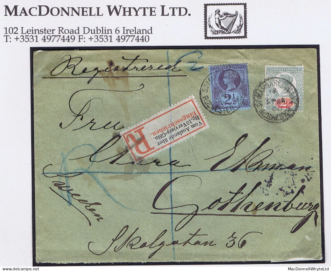 Great Britain Registered Railway 1900 Reg Cover Rochester To Gothenburg With German Re-registered Label Of The Verviers - Storia Postale