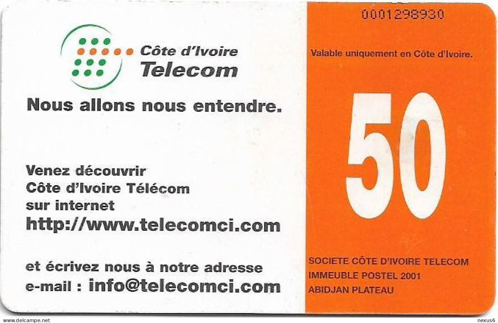 Ivory Coast - CI-Telcom - Telecom Sur Internet, Gem1B Not Symm. White-Gold, 50Units, Used - Costa De Marfil