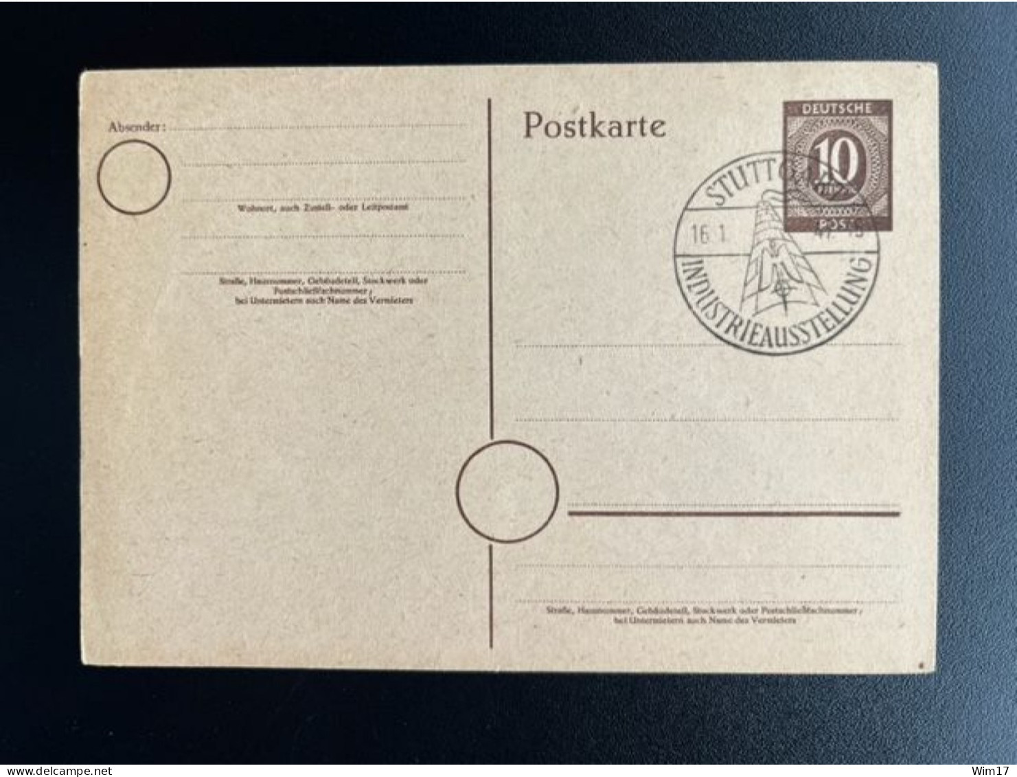 GERMANY 1947 POSTCARD STUTTGART INDUSTRIEAUSSTELLUNG 16-01-1947 DUITSLAND DEUTSCHLAND SONDERSTEMPEL - Ganzsachen