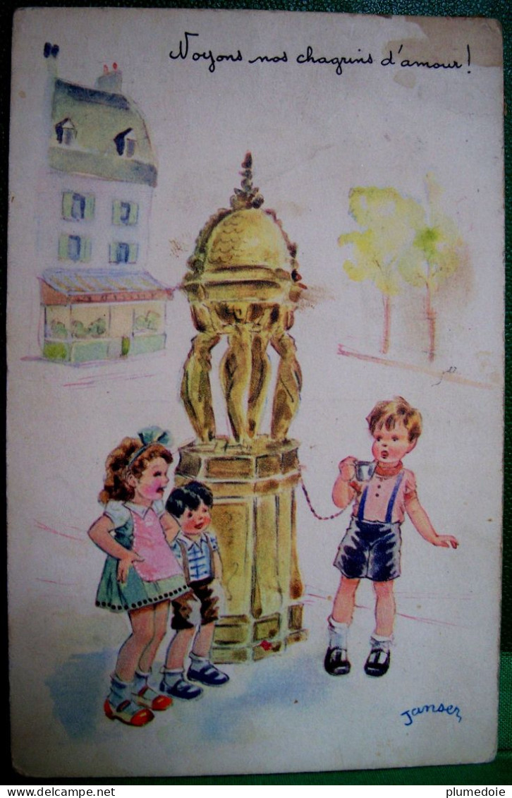 Cpa ILLUSTRATEUR  Signée JANSER , ENFANTS , FONTAINE WALLACE, NOYONS NOS CHAGRINS D'AMOUR 1950 ,CHILDREN DRINKING  A/s - Janser