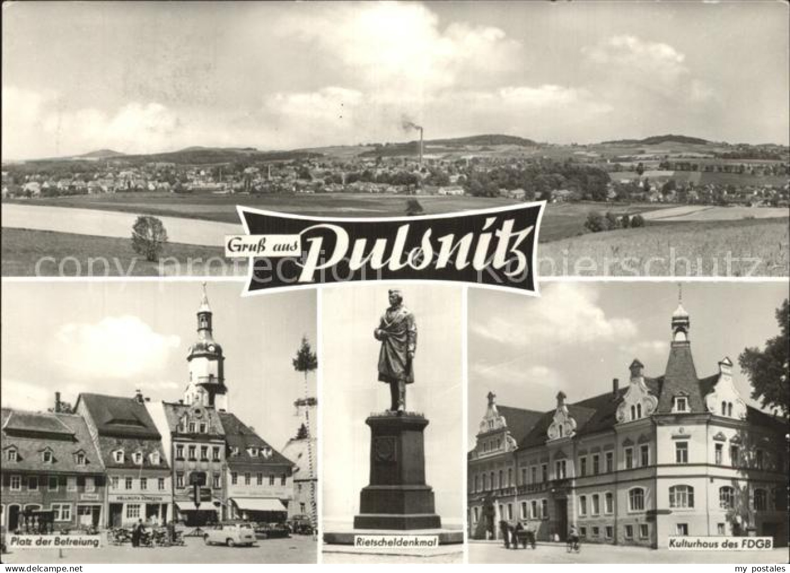 72332107 Pulsnitz Sachsen Panorama Platz Der Befreiung Rietscheldenkmal Statue F - Pulsnitz