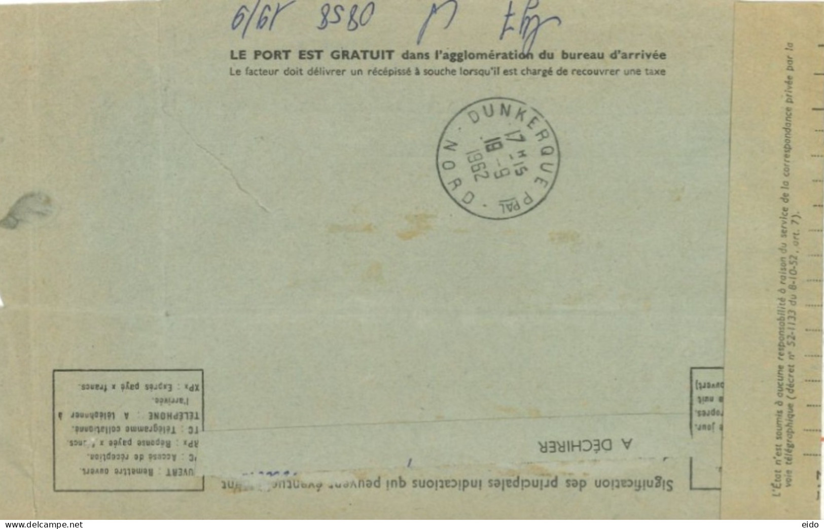 FRANCE - 1962, POSTAL TELEGRAM OF SHIPMENT ARRIVAL TO DUNKIRK PORT . - Télégraphes Et Téléphones