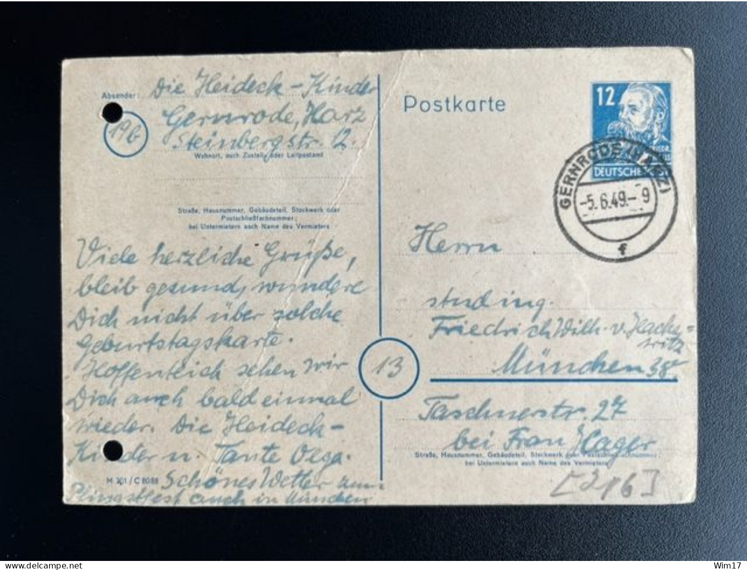 GERMANY 1949 POSTCARD GERNRODE TO MUNCHEN 05-06-1949 DUITSLAND DEUTSCHLAND - Postwaardestukken