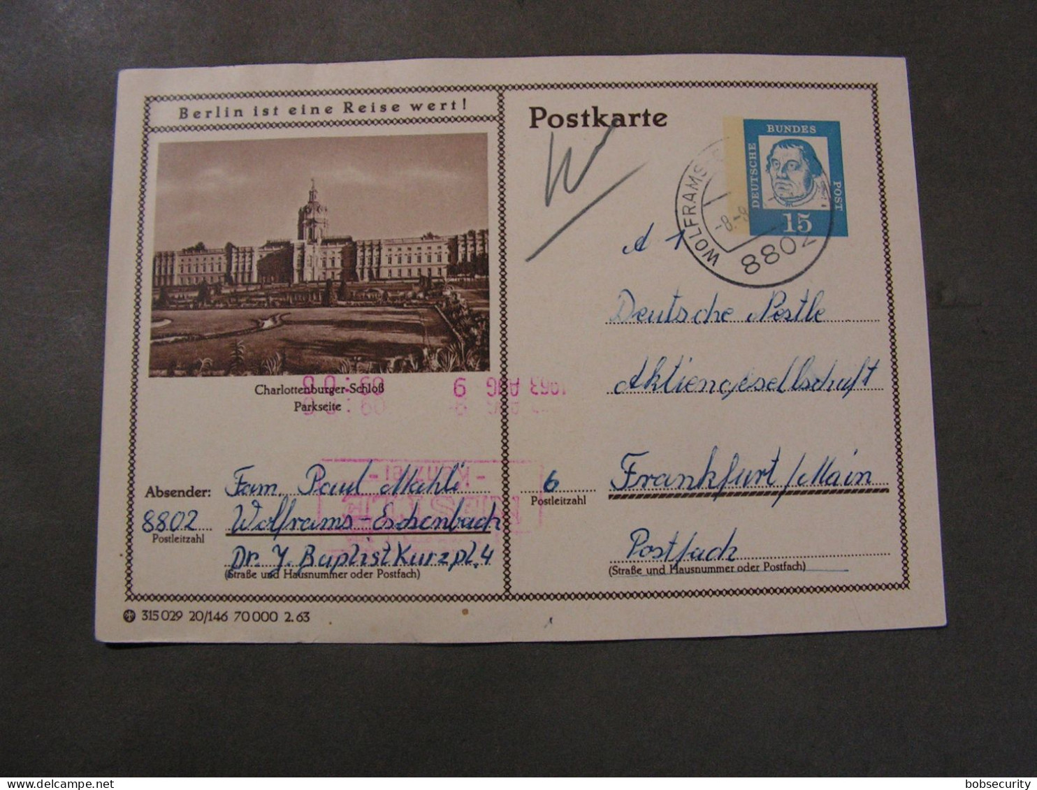 BRD Bildkarte  1963 ,  Schloss Charlotenburg Aus  Wolframs Eschenbach PLZ 8802 - Postkarten - Gebraucht