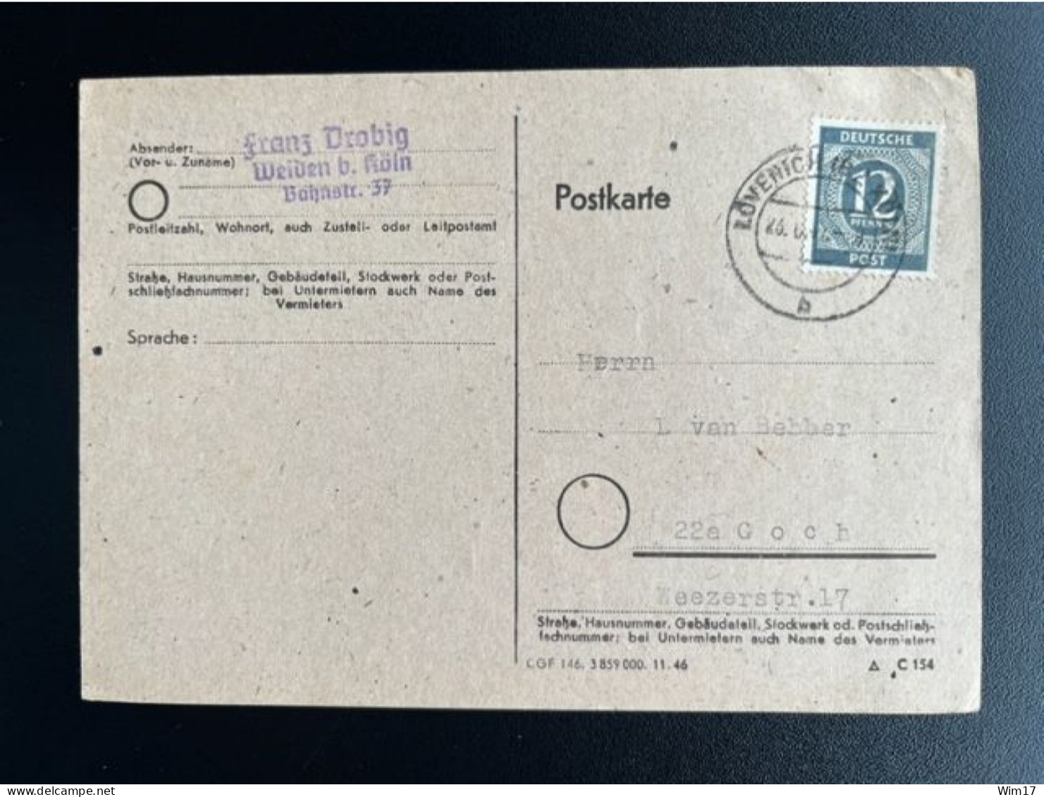 GERMANY 1947 POSTCARD LOVENICH TO GOCH 26-06-1947 DUITSLAND DEUTSCHLAND - Entiers Postaux