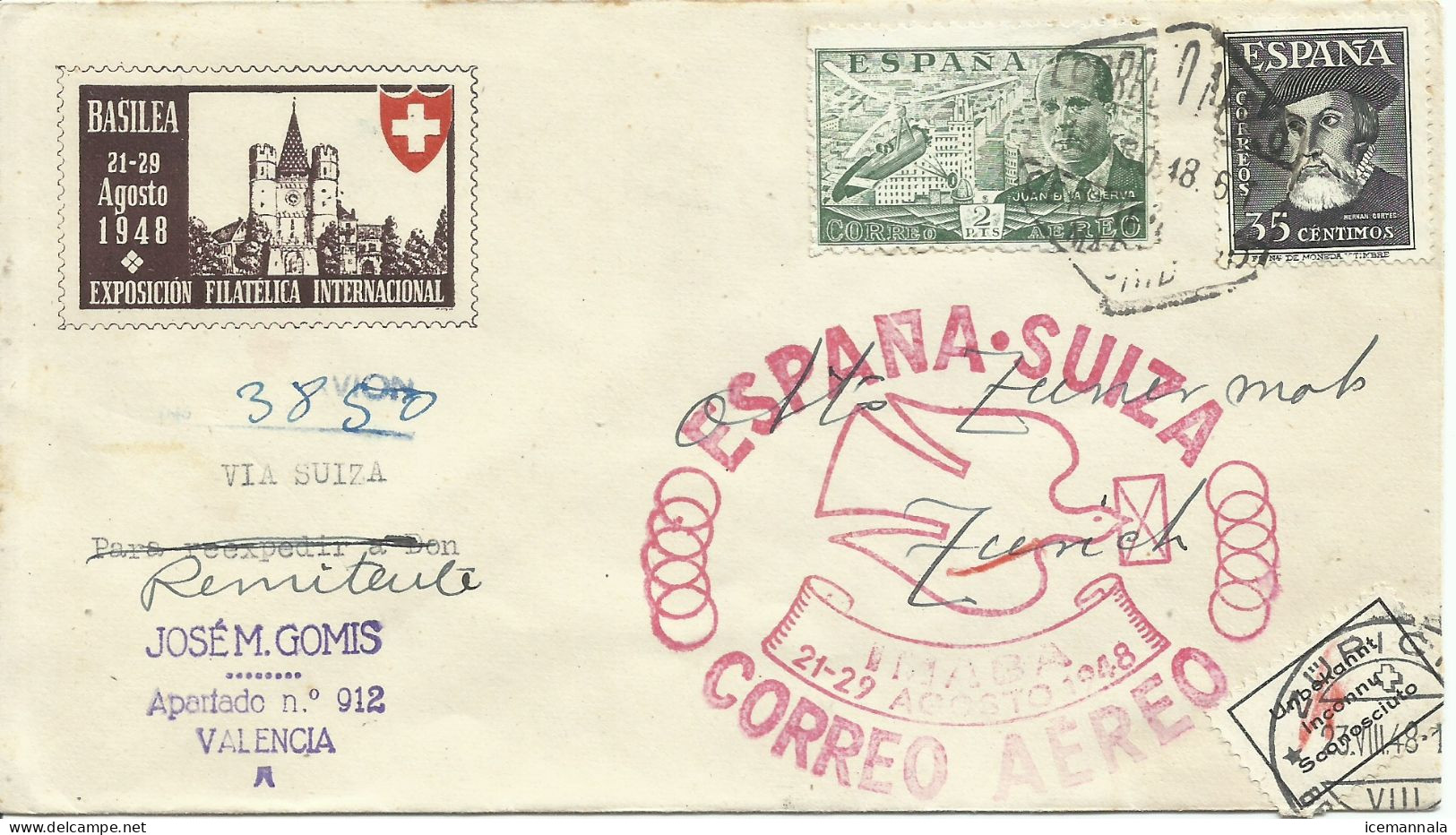 ESPAÑA,  SOBRE  CONMEMORATIVO  , AÑO 1948 - Storia Postale