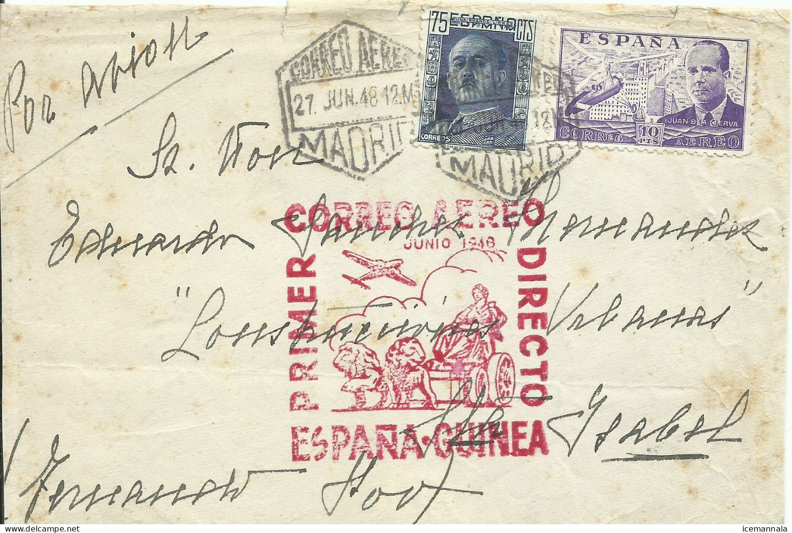 ESPAÑA,  FRONTAL  CARTA  AEREO    , AÑO 1948 - Lettres & Documents