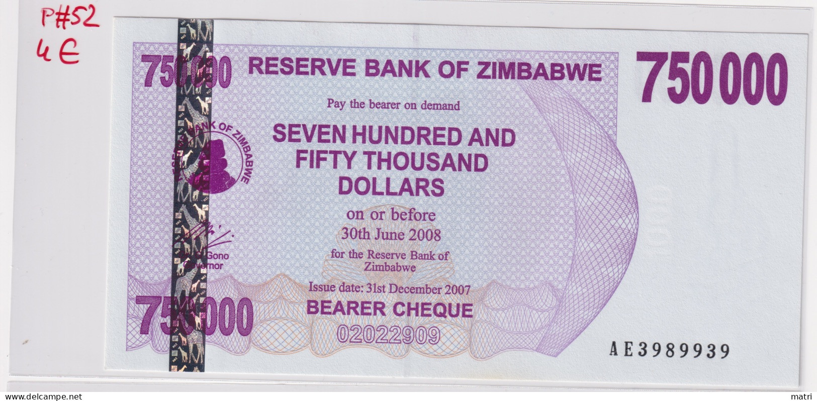 Zimbabwe 750000 Dollars 2008 P#52 UNC - Simbabwe